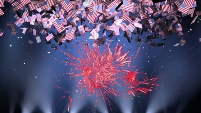 红色烟花爆炸，美国国旗落下的动画，深蓝色的灯光