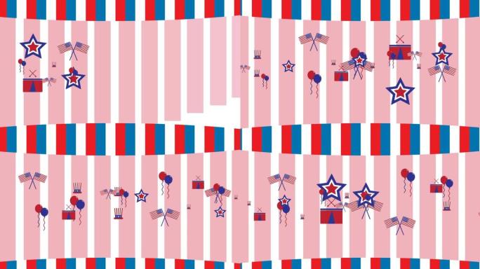 气球，星星和帽子在美国国旗上移动的动画