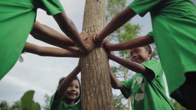 孩子们拥抱树木，表现出对自然的热爱