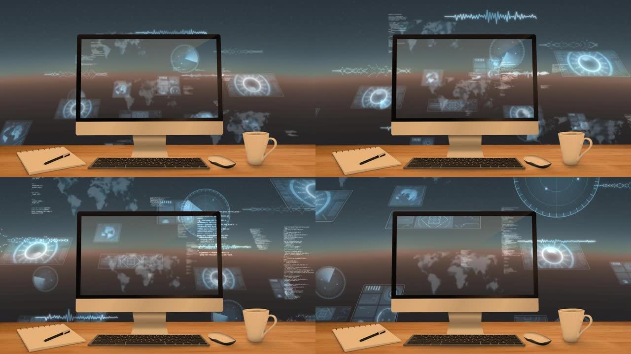 计算机屏幕上的示波器扫描和数据处理动画