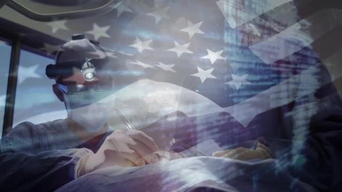 美国国旗在口罩上挥舞着外科医生的动画