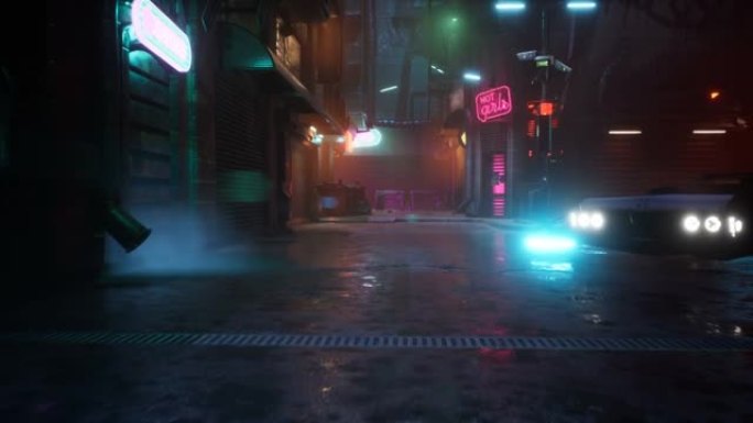 未来控制论城市的夜间霓虹灯街。走过未来的城市。该动画非常适合未来，小说，网络和科幻背景。
