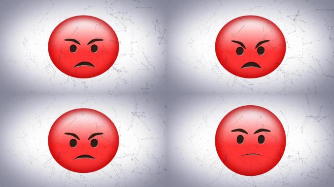 灰色背景上漂浮在红色愤怒表情符号上的连接网络数字动画