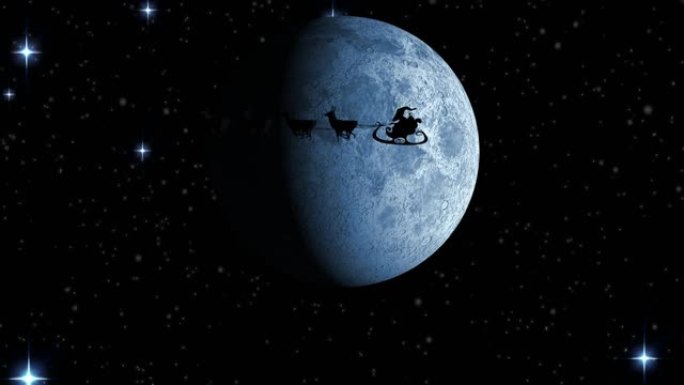 圣诞老人在雪橇上的动画，驯鹿在月亮和雪落下