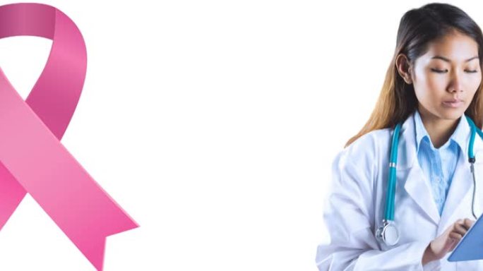粉红乳腺癌丝带标志的动画在微笑的女医生