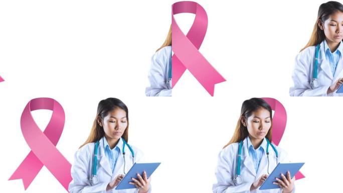 粉红乳腺癌丝带标志的动画在微笑的女医生
