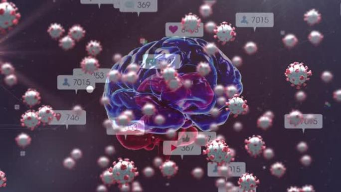 具有人脑旋转和社交媒体图标的covid 19细胞动画