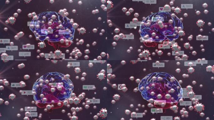 具有人脑旋转和社交媒体图标的covid 19细胞动画