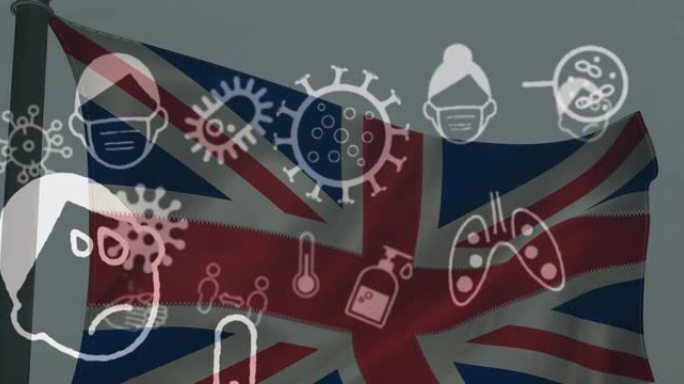 英国国旗上的covid 19病毒细胞和数字图标的动画