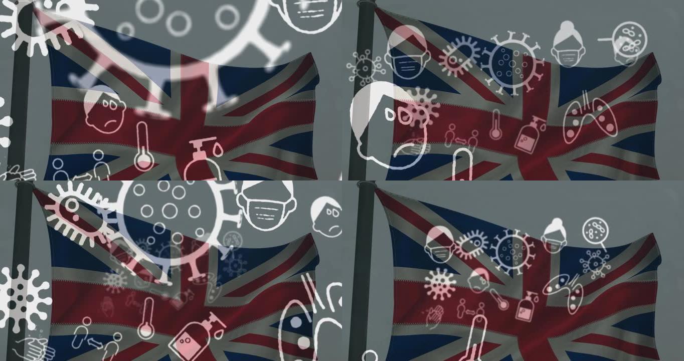 英国国旗上的covid 19病毒细胞和数字图标的动画