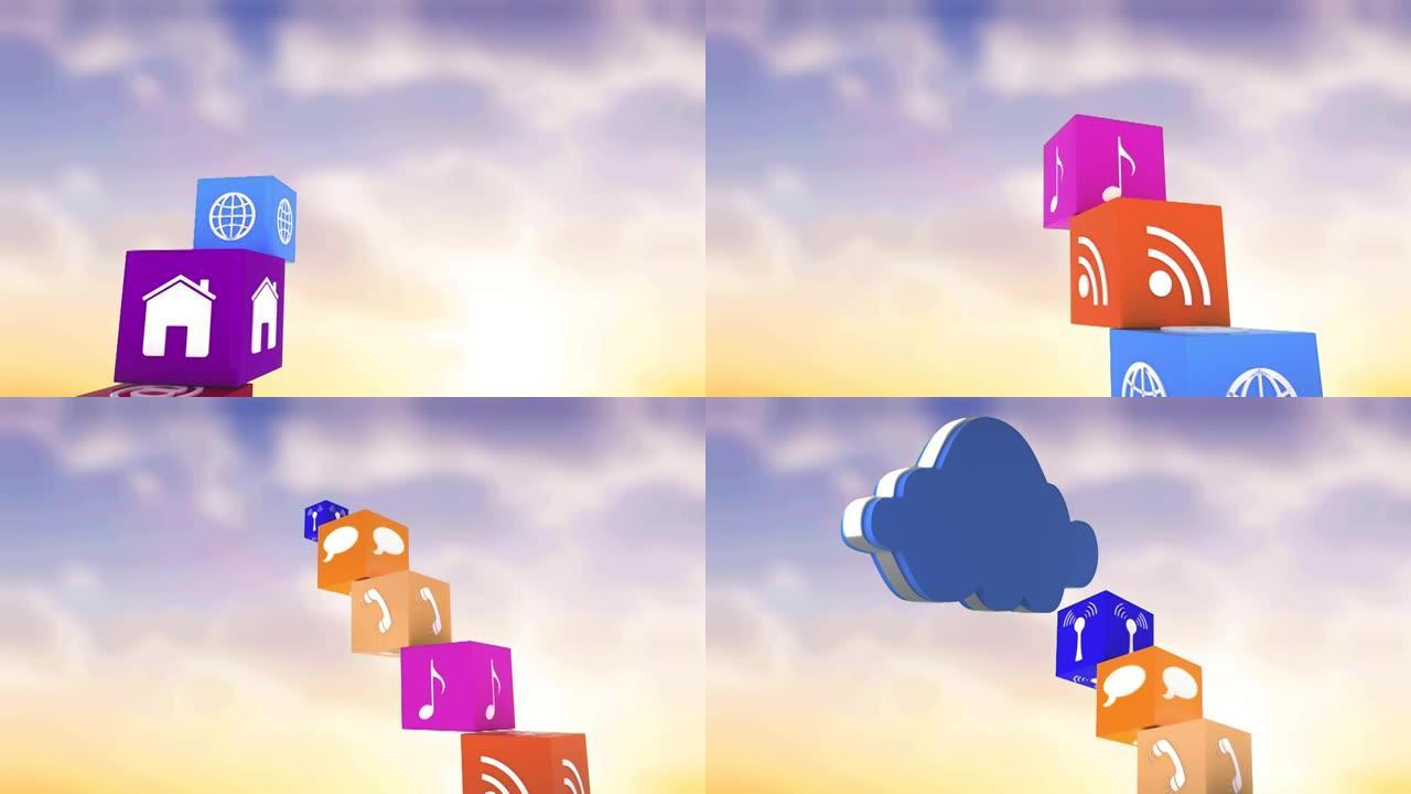 漂浮在云层和天空景观上的数字图标动画