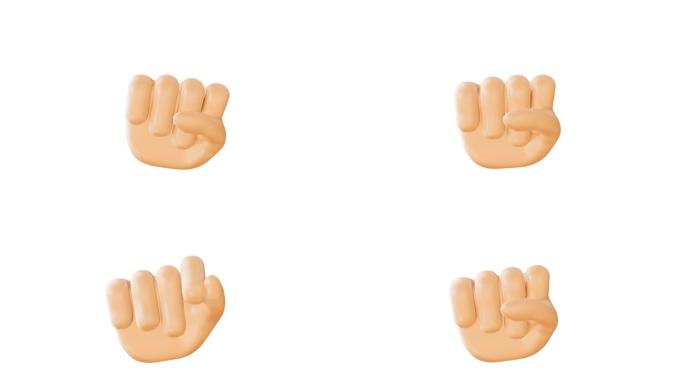 举起拳头动画。拳头手势。表情符号股票视频。表情符号按钮。3d渲染。无缝循环。孤立的背景。使用任何编辑