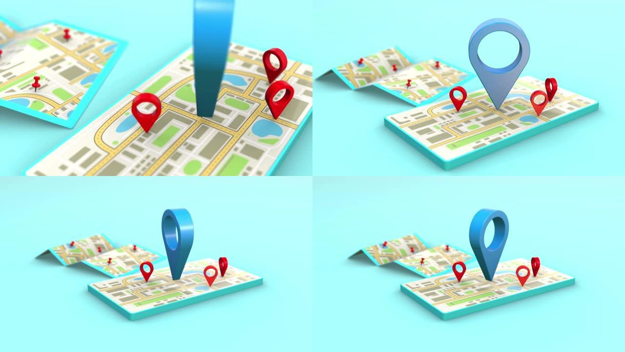 智能手机定位器城市标志和位置pin或导航图标旅行搜索符号。3D抽象概念背景传输4K UHD视频动画摄
