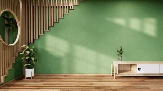日本绿色房间设计室内日式风格。3D渲染