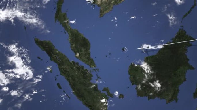 地图上飞往马来西亚吉隆坡的商用飞机路线，3D动画