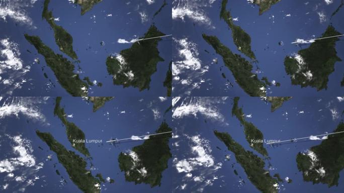 地图上飞往马来西亚吉隆坡的商用飞机路线，3D动画