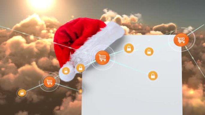 圣诞老人帽子上的图标连接网络动画，带有复制空间和天空的卡