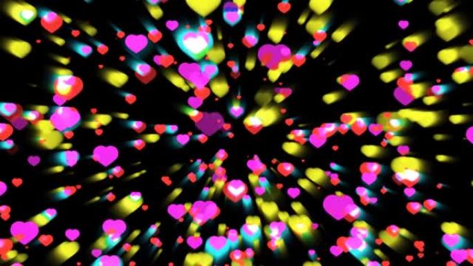 百万个五颜六色的心粒子和元素上下比例快速闪烁和光线在黑屏上，情人节主题
