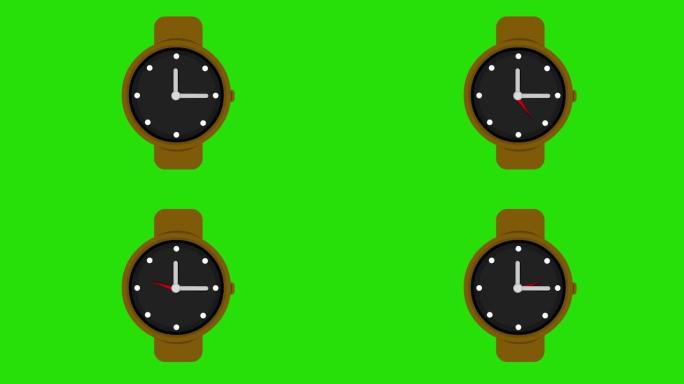 时钟指针的循环动画，在绿色色度背景上