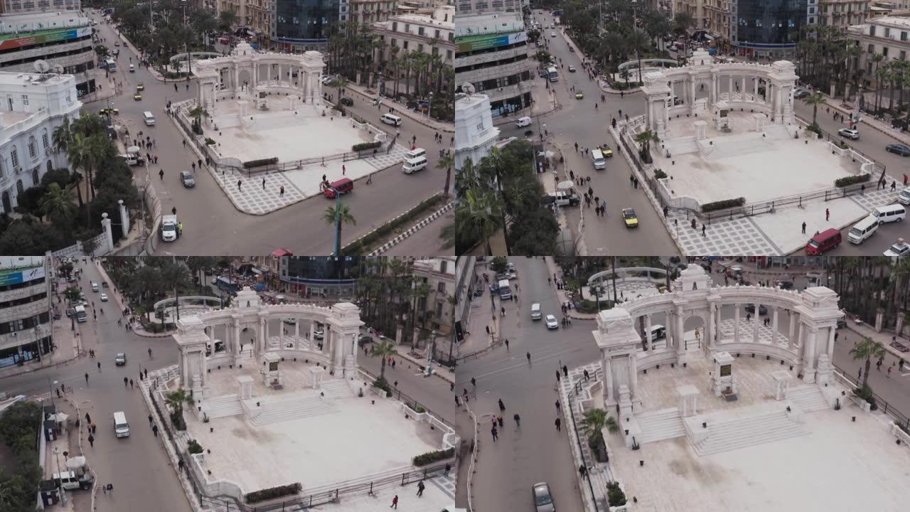空中无人机在埃及亚历山大市市区的街道上射击