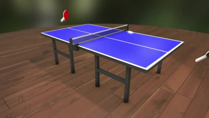 乒乓球游戏的3D动画。红色的小球拍在一张逼真的蓝色桌子上来回击打乒乓球。带侧视图的动态动作。虚拟乒乓