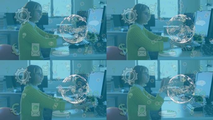 在办公室中使用计算机通过女商人通过网络连接的地球仪动画