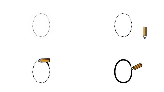 英语字母表写作教程。用隔离在白色背景上的铅笔追踪字母O。儿童动画字母样本顺序书写字母O