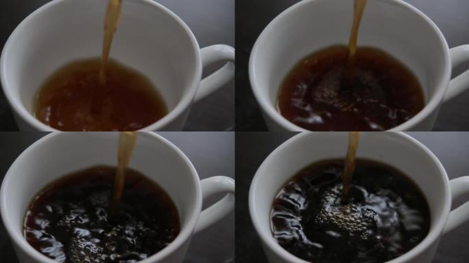 慢动作将黑咖啡倒入杯中。新鲜的早晨倒在红茶上特写。选择性聚焦。从咖啡机特写镜头中倒入杯中的咖啡的慢动