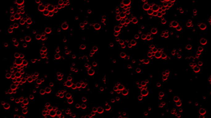 油红滴在水中移动。摘要背景。浅暗背景下水中各种气泡的宏观拍摄。悬浮在水面上的油中的空气球