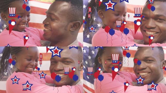 红色，白色和蓝色装饰的动画，微笑的父亲和女儿和美国国旗