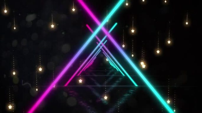 无缝运动中的霓虹灯三角形数字动画和黑色背景上的流星
