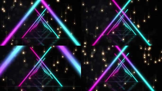 无缝运动中的霓虹灯三角形数字动画和黑色背景上的流星