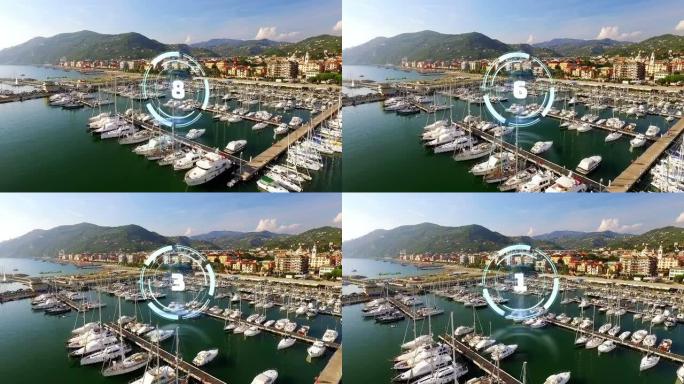码头现代沿海城镇的圆形扫描仪动画，在船上倒计时