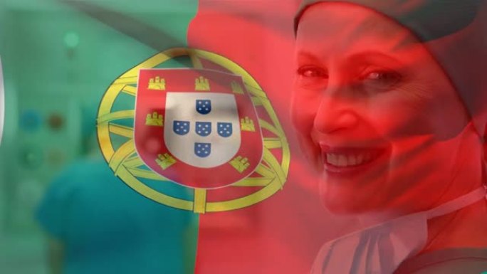 葡萄牙国旗的数字构图挥舞着女外科医生在医院微笑的肖像