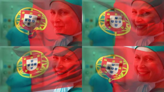 葡萄牙国旗的数字构图挥舞着女外科医生在医院微笑的肖像