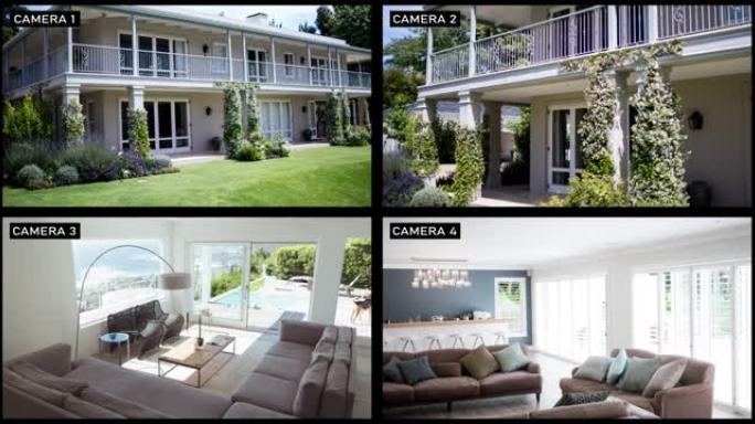 来自四个安全摄像机的综合视图，显示家庭住宅外部和客厅