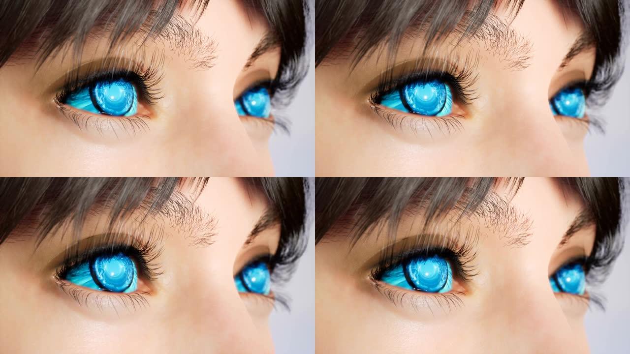 蓝色控制论眼睛的可爱女孩特写。蓝色网络眼睛的宏观镜头。这个女孩是用计算机图形制作的。控制论蓝眼睛的极