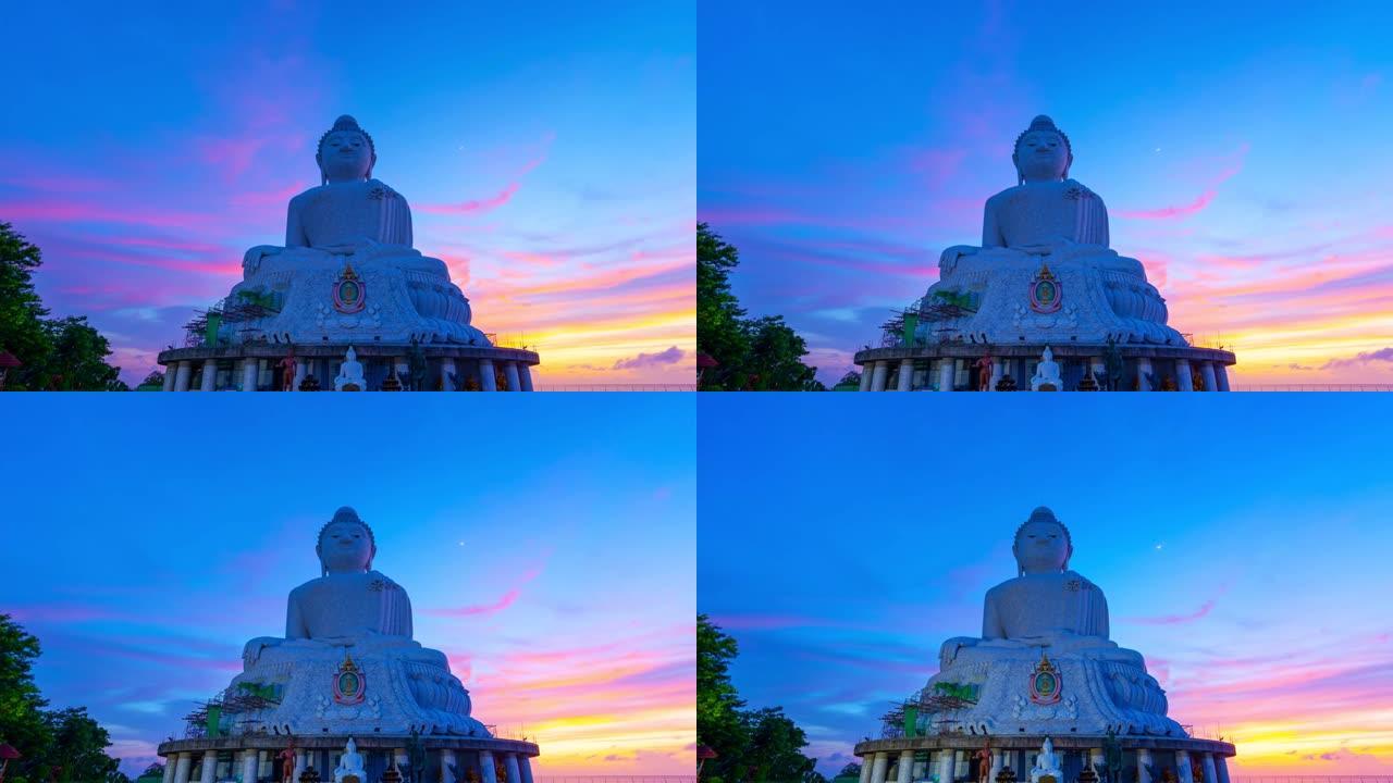 泰国普吉岛大佛纪念碑上的大佛像上的延时日落。用缅甸白玉大理石Suryakanta装饰的钢筋混凝土结构