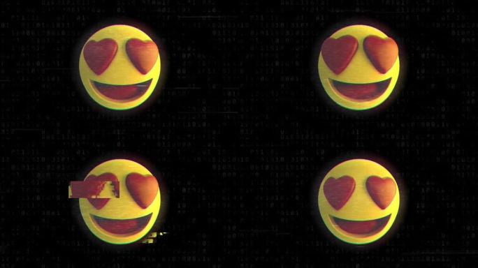 黑色背景上红心眼睛的社交媒体微笑表情符号图标动画