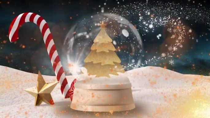 夜空上的糖果手杖，星星和金色圣诞树的动画，飘落的雪