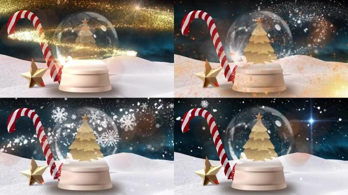 夜空上的糖果手杖，星星和金色圣诞树的动画，飘落的雪