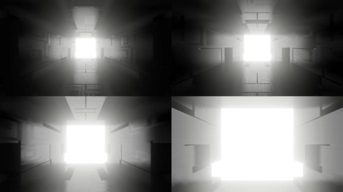 3d动画抽象背景运动图形。隧道光端空白。背景的4k 3d渲染，横幅设计。未来技术数字化。走廊黑暗的房