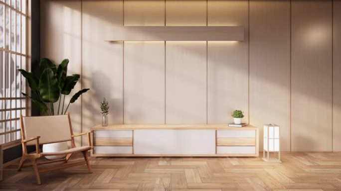 日本现代房间的橱柜木制设计。3d渲染