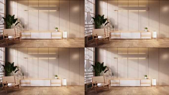 日本现代房间的橱柜木制设计。3d渲染