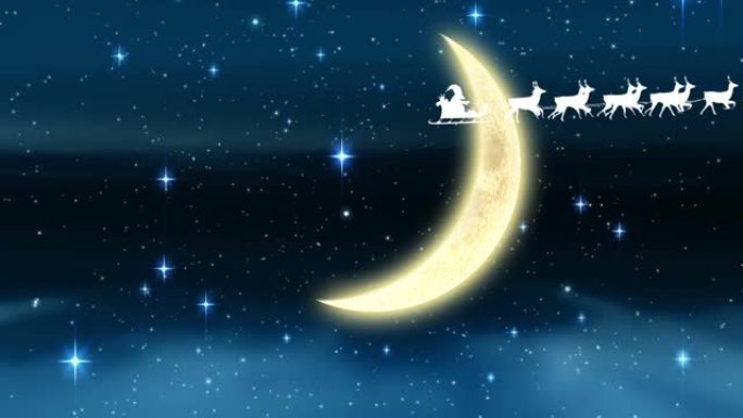 圣诞老人在雪橇上的动画，驯鹿在月亮和星星上