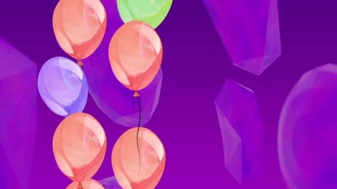 彩色气球飞越紫色背景的动画
