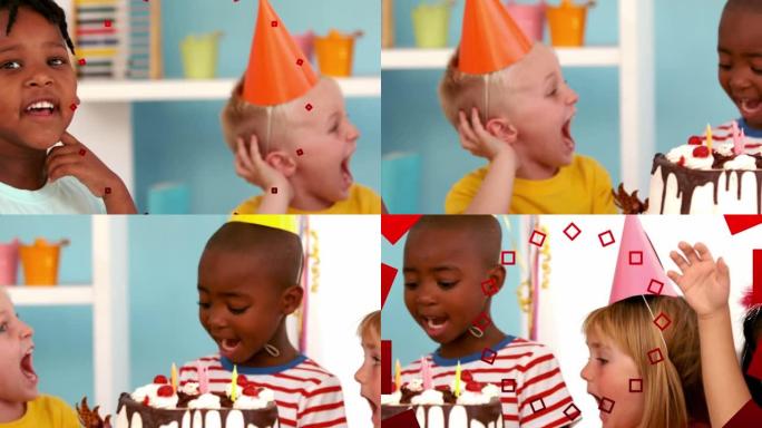 生日派对上带生日蛋糕的儿童红色造型动画