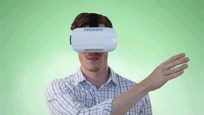 绿色背景上使用虚拟界面和微笑的男子佩戴vr耳机的动画