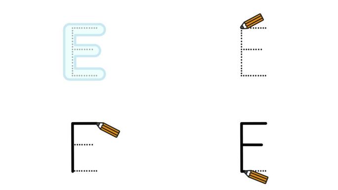 英语字母表写作教程。用隔离在白色背景上的铅笔追踪字母E。儿童连续书写字母E的动画字母样本