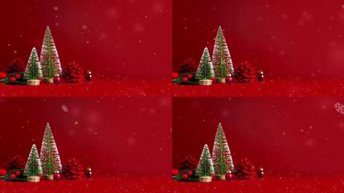 圣诞快乐，新年快乐，雪花落在红色背景上，圣诞树和松果。展示产品或设计或文本的横幅模型空间
